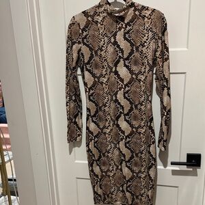 Leith Brown Snake-Print Long Sleeve Dress